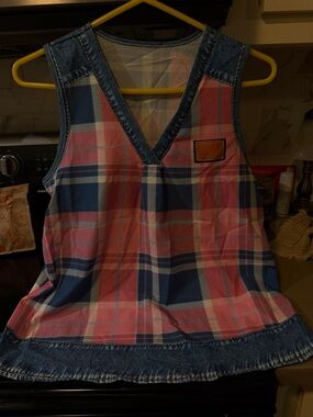 Plaid V-Neck Sleeveless Top with Denim Trim - Pink & Navy
